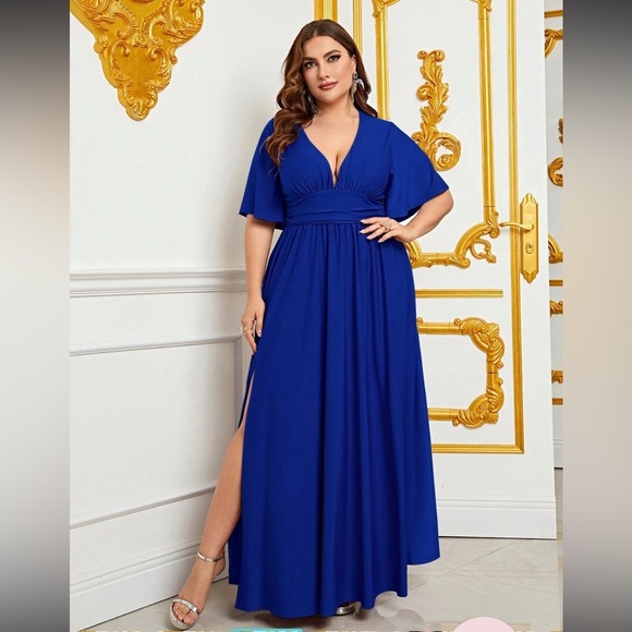 Faeriesty Dresses & Skirts - Royal Blue  Satin Maxi Gown with Plunge Neckline and Dolman Sleeves